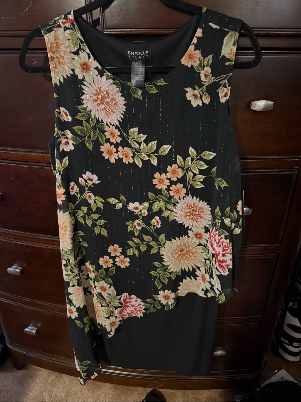 Enfocus Studio Black Floral Slip Dress with Peach and Cream Blooms